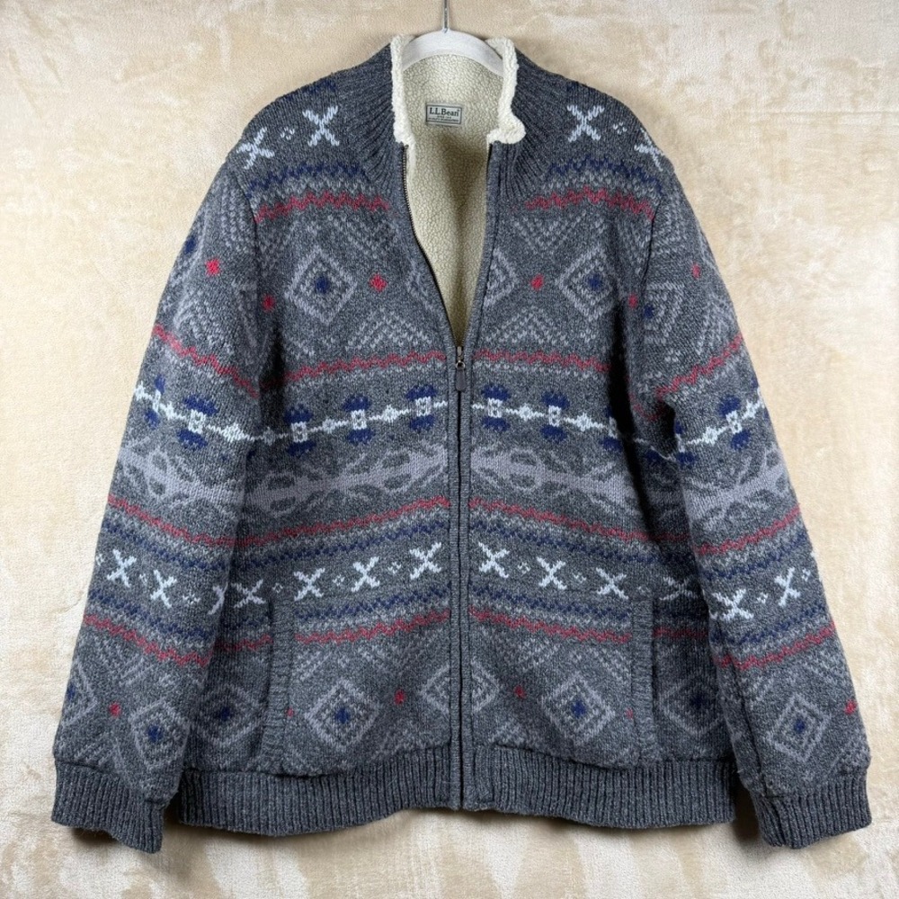 LL Bean Mens XL Lambswool Sherpa Lined Aztec Full Zip Sweater Jacket Grey Cozy